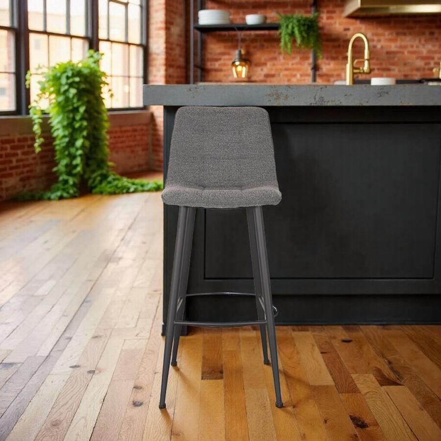 Industrialhome Luxe Barkruk Milano – 78 cm Zithoogte – Grijs Boucle Stof met Zwart Metalen Onderstel – Comfortabele Design Barkruk met 3D Blokstiksels – Industrieel & Modern – Niet-Draaibaar – 120 kg Draagvermogen