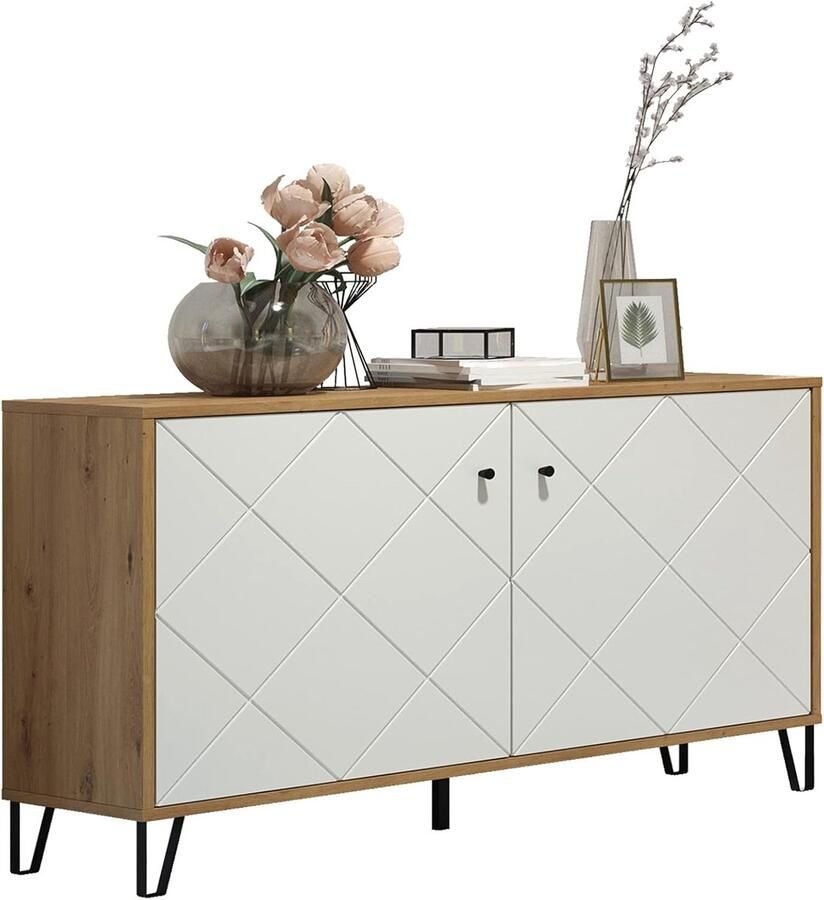 Industrialhome Luxe Design Dressoir 123 cm – Moderne Opbergkast met Soft-Close Deuren Houten Behuizing in Artisan Eiken & Mat Wit – Trendy Sideboard met Metalen Poten voor Woonkamer of Eetkamer – Stijlvolle Kast voor Sfeervolle Interieurs