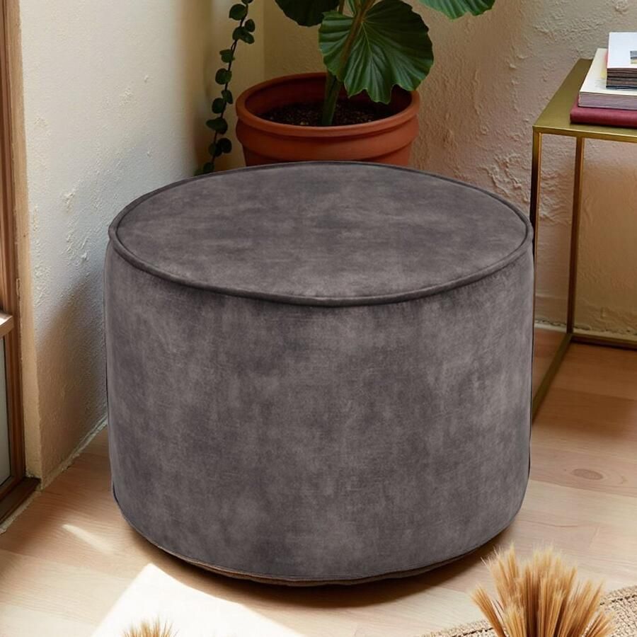 Industrialhome Luxe Design Poef Rond – Antraciet Velours – Ø55 cm – Poef Voetenbank & Bijzettafel – Poef Tibo