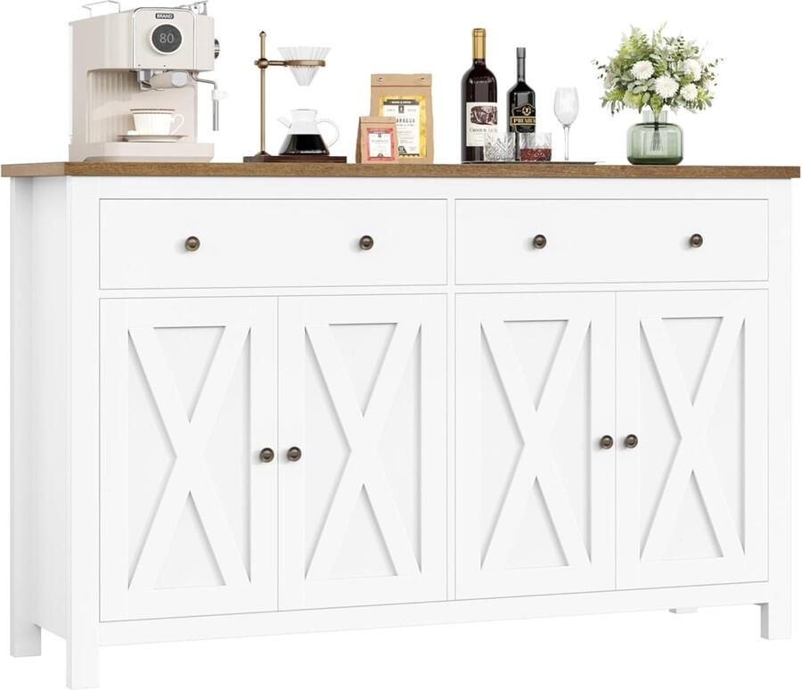 Industrialhome Luxe Dressoir 140 cm – Moderne Buffetkast met 2 Lades & 4 Deuren – Keukenkast met Verstelbare Planken – Woonkamer Opbergkast – Wit Houten Sideboard met X-Design & Soft-Close Deuren – 140 x 89 x 40 cm