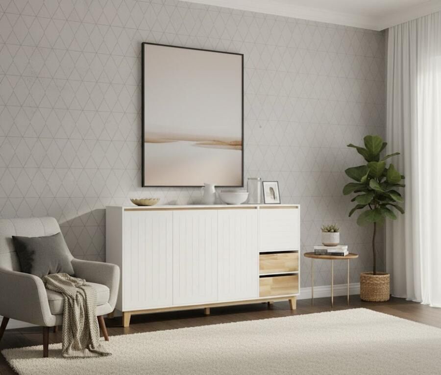 Industrialhome Luxe Dressoir & Opbergkast in Wit Natuur – 120x90x40cm – Buffetkast Halkast Keukenkast TV-meubel met 3 Deuren & 2 Lades – Massief Rubberhout – Verstelbare Planken – Landelijk & Modern Design