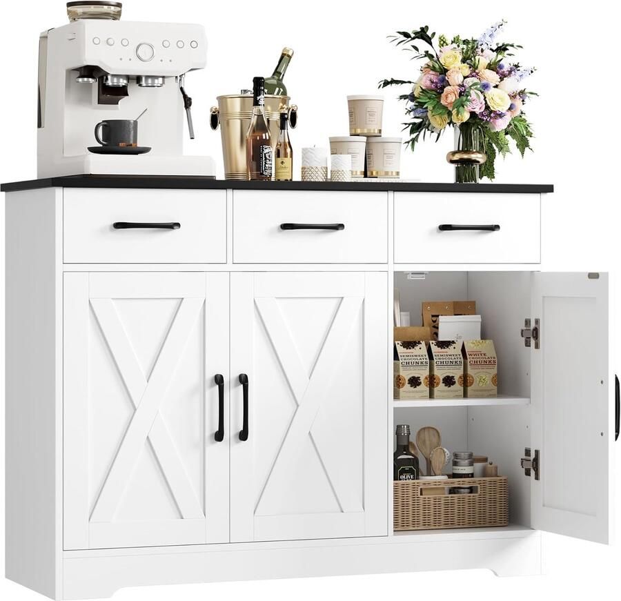 Industrialhome Luxe Dressoir met 3 Laden en 3 Deuren – Moderne Keukenkast 100 cm – Houten Opbergkast met Verstelbare Planken – Wit en Zwart – Stijlvolle Buffetkast voor Woonkamer Keuken en Hal – Industrieel Design