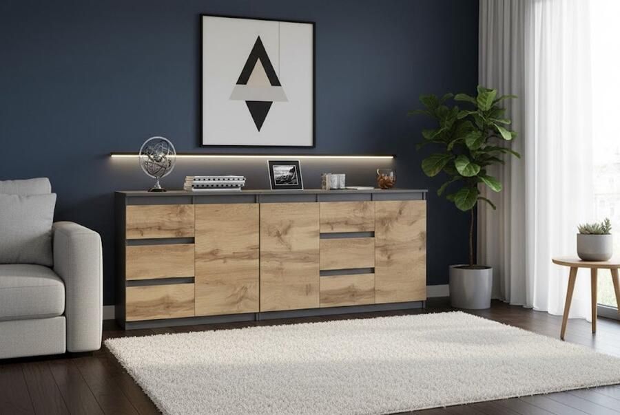 Industrialhome Luxe Dressoir Set – Commode Grafietkleur 120 cm + 80 cm – Moderne Greeploze Kast met Laden – Opbergkast voor Hal Slaapkamer Woonkamer & Kinderkamer – Stijlvol & Multifunctioneel – 120x35x75 cm & 80x35x75 cm