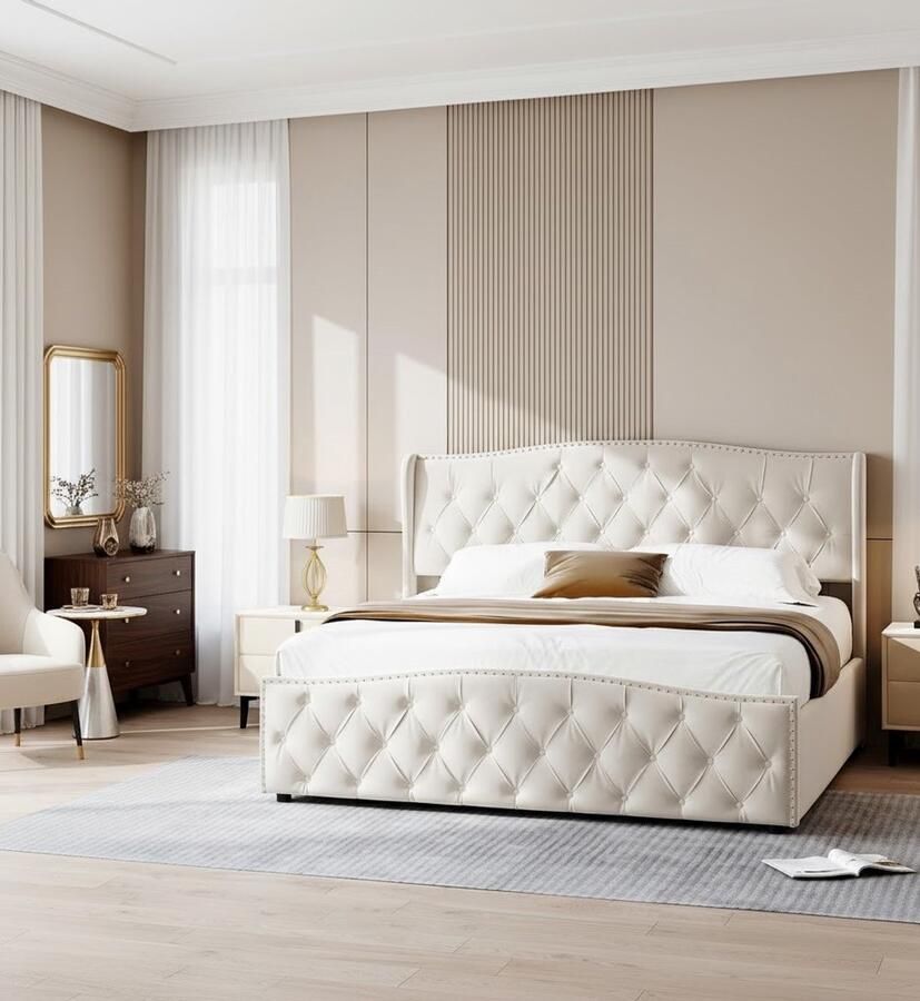 Industrialhome Luxe Fluwelen Opbergbed Milano – 140x200 cm – Beige – Gestoffeerd Tweepersoonsbed met Hydraulische Opbergruimte en Lattenbodem – Elegant Hoofdbord met Klinknagels – Slaapkamerbed voor Tieners en Volwassenen – Zonder Matras