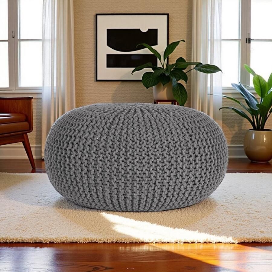 Industrialhome Luxe Gebreide Poef Rond Ø70x35 cm – Donkergrijs – Grote Handgemaakte Voetenbank & Bijzettafel – 100% Katoen – Industrieel & Modern Interieur – Decoratief & Functioneel Meubel