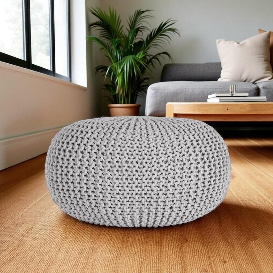 Industrialhome Luxe Gebreide Poef Rond Ø70x35 cm – Lichtgrijs – Grote Handgemaakte Voetenbank & Bijzettafel – 100% Katoen – Landelijke & Moderne Woonstijl – Sfeervol & Decoratief Meubel