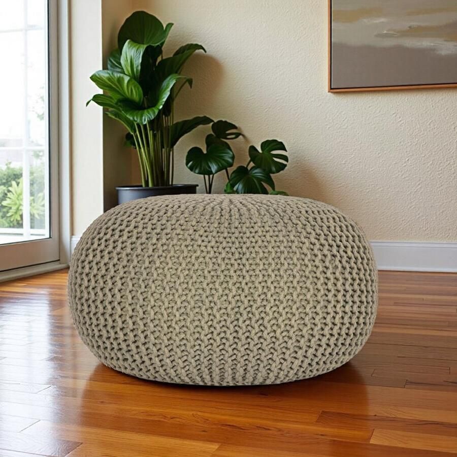 Industrialhome Luxe Gebreide Poef Rond 70x70x35 cm – Grote Voetenbank & Bijzettafel – Handgemaakt van 100% Katoen – Olijfgroen – Sfeervol & Multifunctioneel – Voor Woonkamer Slaapkamer Vintage & Industrieel Interieur