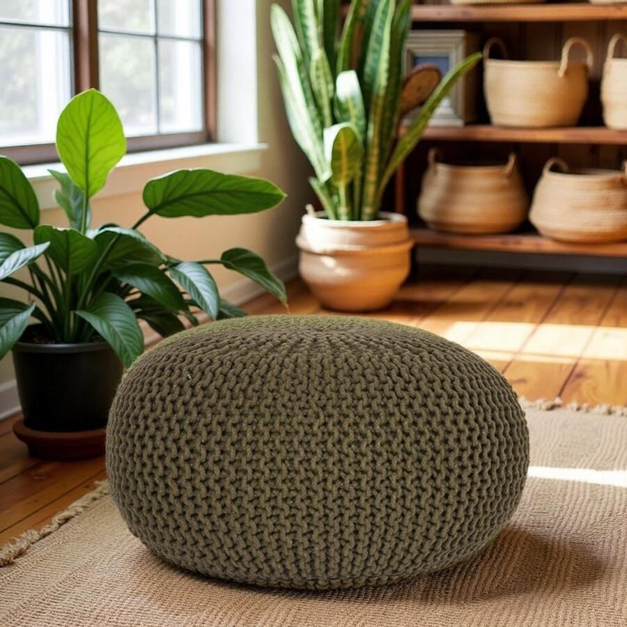 Industrialhome Luxe Gebreide Poef Rond 70x70x35 cm – Voetenbank & Bijzettafel – Handgemaakt – 100% Katoen – Army Green – Groot Formaat – Industrieel & Vintage Interieur – Decoratief & Functioneel