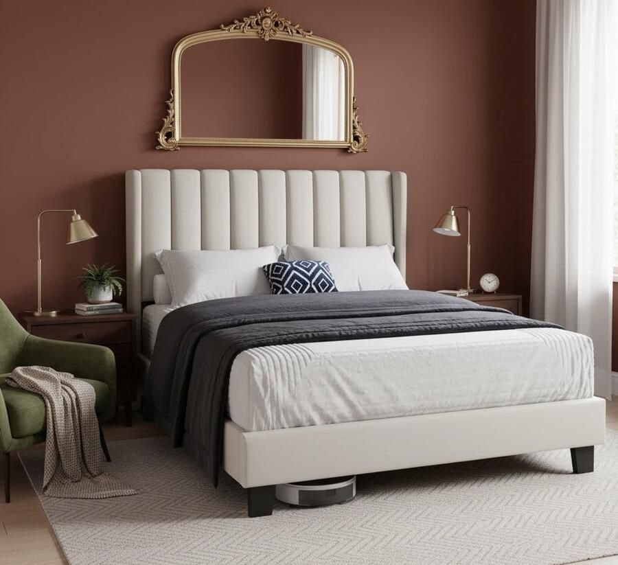 Industrialhome Luxe Gestoffeerd Bed 140x200 cm – Modern Tweepersoonsbed met Hoog Hoofdbord & Opbergruimte – Comfortabel Bedframe met Lattenbodem – Familiebed Slaapkamer & Logeerkamer – Beige Stoffen Design