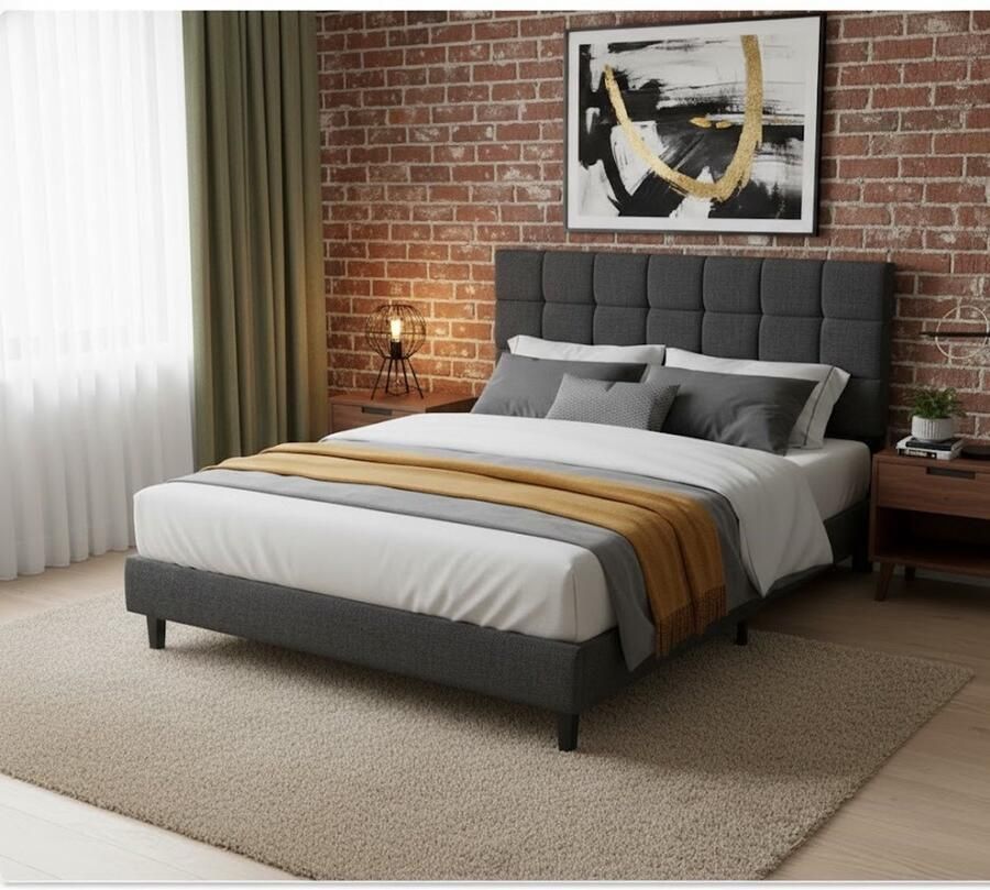Industrialhome Luxe Gestoffeerd Bed 140x200 cm Tweepersoonsbed met Verstelbaar Hoofdbord Stabiel Bedframe met Lattenbodem Donkergrijs Stoffen Design Bed Modern & Comfortabel Jeugdbed Bedframe Met Hoofdeinde