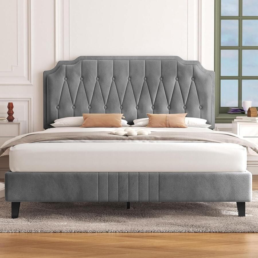 Industrialhome Luxe Gestoffeerd Bed 140x200 cm – Verstelbaar Hoofdeinde – Lichtgrijs Stoffen Bedframe met Lattenbodem – Modern Design – Comfortabel Tweepersoonsbed voor Slaapkamer