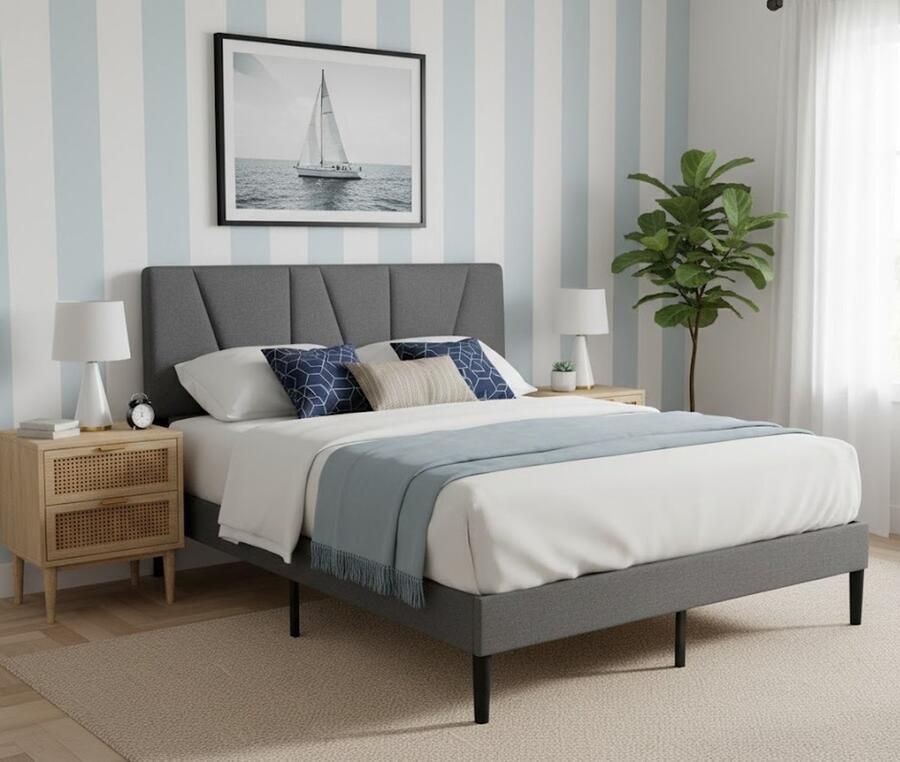 Industrialhome Luxe Gestoffeerd Bedframe 140x200 cm – Modern Donkergrijs Bed met Hoog Hoofdeinde Stevig Metaal & Houten Lattenbodem – Comfortabel Duurzaam en Eenvoudig te Monteren