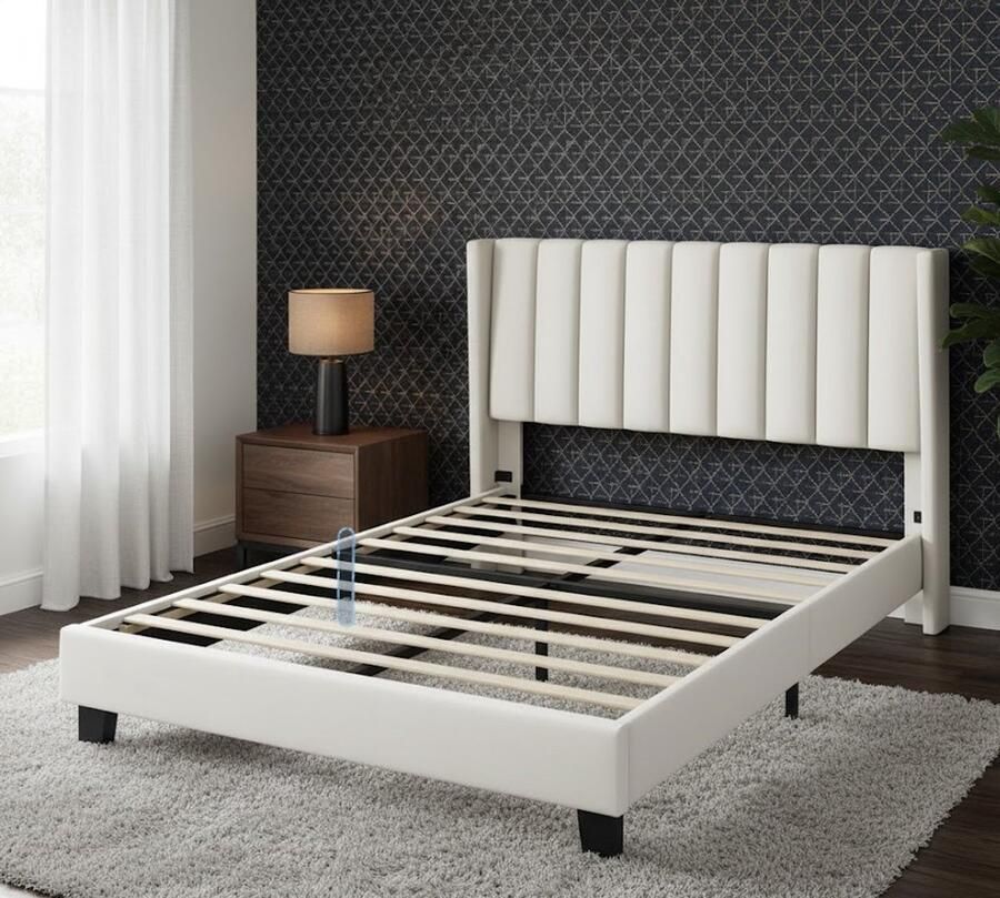 Industrialhome Luxe Gestoffeerd Bedframe met Opbergruimte 140x200 cm Modern Tweepersoonsbed met Hoog Hoofdbord Beige Linnen Stil & Stabiel Familiebed voor Slaapkamer & Logeerkamer