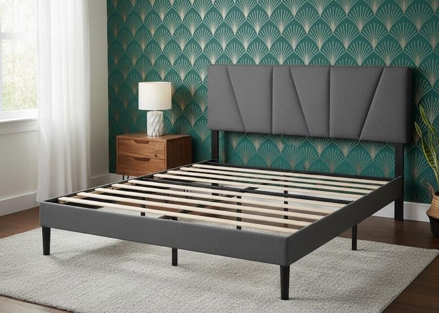 Industrialhome Luxe Gestoffeerd Bedframe Milano 140x200 cm – Modern Design Bed met Hoofdbord – Inclusief Houten Lattenbodem – Sterk & Geluidsloos Metaalframe – Donkergrijs – 30 cm Hoog – Eenvoudig te Monteren – Geschikt voor Elke Matras