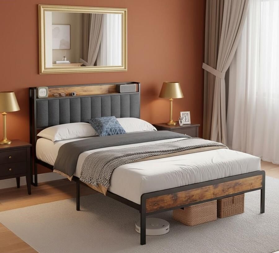 Industrialhome Luxe Gestoffeerd Tweepersoonsbed 140x200 cm – Bed met Opbergruimte Metalen Frame & Houten Lattenbodem – Donkergrijs – Comfortabel Bedframe met Hoofdbord – Modern & Stevig – Eenvoudig te Monteren