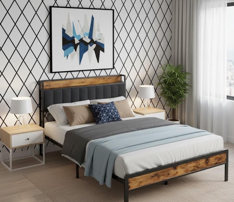 Industrialhome Luxe Gestoffeerd Tweepersoonsbed 140x200 cm – Donkergrijs – Metalen Bedframe met Houten Lattenbodem & Hoofdbord – Bed met Opbergruimte – Stevig Comfortabel & Eenvoudig te Monteren – Modern Design