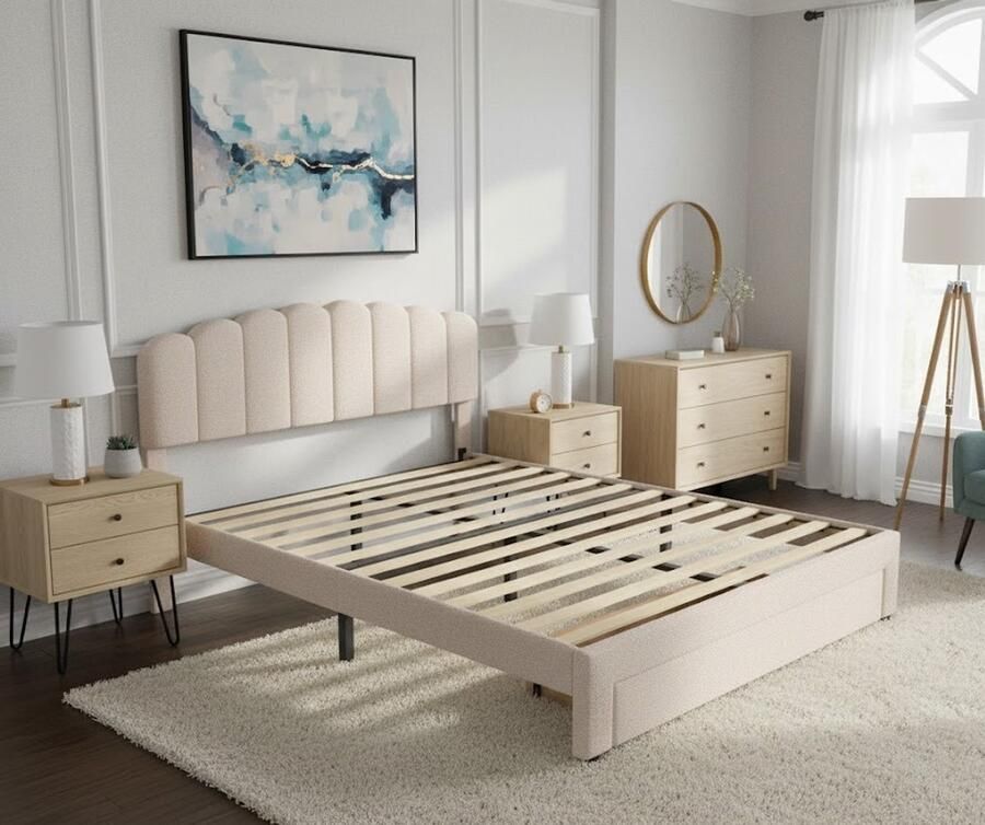 Industrialhome Luxe Gestoffeerd Tweepersoonsbed 140x200 cm Met USB Laadstations & Opbergladen Kinder- en Tienerbed in Beige Teddystof Modern Design & Comfortabel Matrasframe