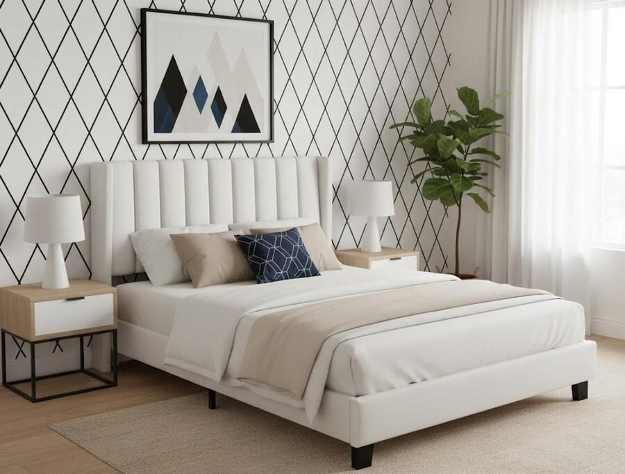 Industrialhome Luxe Gestoffeerd Tweepersoonsbed 140x200 cm – Modern Beige Bedframe met Hoog Hoofdeinde Geluidsarme Lattenbodem & Comfortabele Linnen Bekleding – Stabiel Familiebed met Opbergruimte – Perfect voor Slaapkamer & Logeerkamer