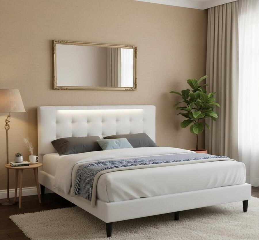 Industrialhome Luxe Gestoffeerd Tweepersoonsbed 140x200 cm – Modern Design Bed met Lattenbodem en Zacht Gewatteerd Hoofdbord – Comfortabel & Stijlvol Bedframe – Beige – Stevig en Ruim Bed – Geschikt voor Slaapkamer Logeerkamer of Jeugdkamer