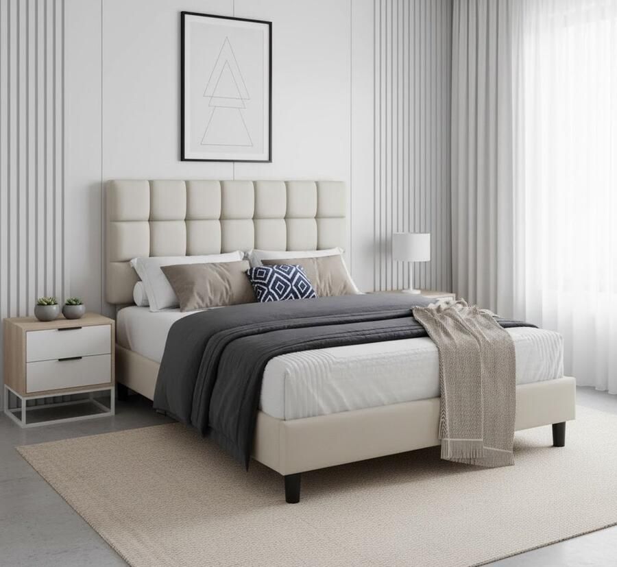 Industrialhome Luxe Gestoffeerd Tweepersoonsbed 140x200 cm – Modern Stoffen Bedframe met In Hoogte Verstelbaar Hoofdeinde – Stevig Metalen Frame & Lattenbodem – Comfortabel Bed in Beige – Inclusief Hoofdbord – Hotelkwaliteit Slaapcomfort