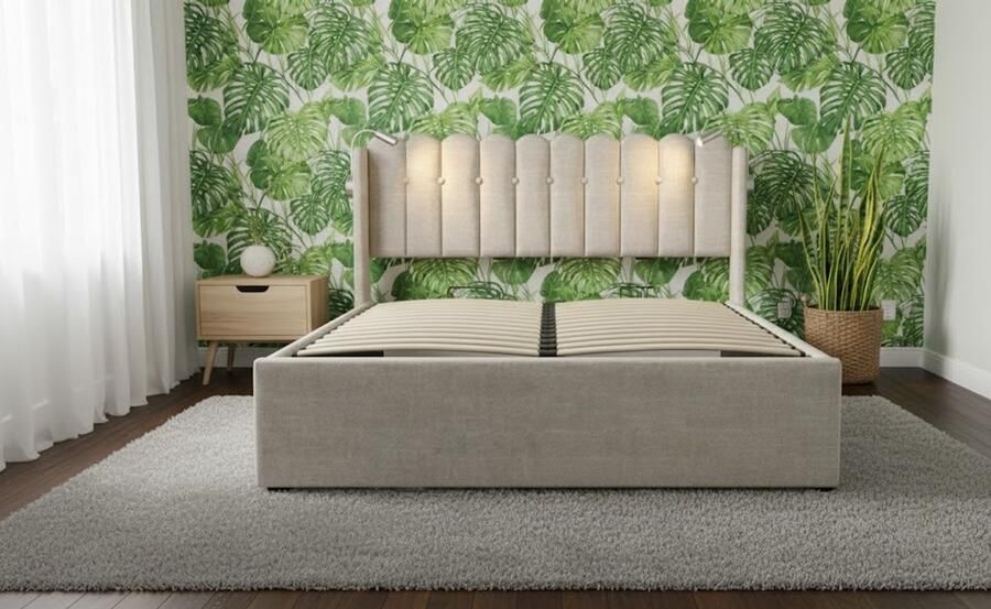 Medahomestore Gestoffeerd Tweepersoonsbed met LED Leeslampje USB-poort en Opbergruimte Gestoffeerd Tweepersoonsbed met LED Leeslampje USB-poort en Massief Houten Lattenbodem – Modern Bedframe met Opbergruimte voor Slaapkamer Jeugdkamer & Studio