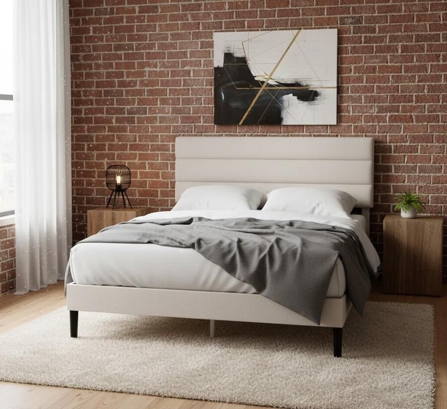 Industrialhome Luxe Gevoerd Bedframe met Hoofdeinde – 140 x 200 cm – Moderne Stijl in Crème (Off-White) – Robuust Stalen Frame & Houten Lattenbodem – Geen Boxspring Nodig – Makkelijk te Monteren – 5 Jaar Garantie