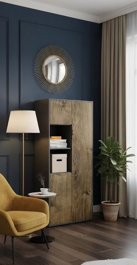 Industrialhome Luxe Kantoorkast Oslo Bureaukast met 3 Deuren & 2 Open Vakken Push-to-Open 180x80x40 cm Eiken Ribbeck & Antraciet Moderne Archiefkast voor Kantoor & Thuiskantoor Opbergkast met Verstelbare Planken Design Kast voor Boeken