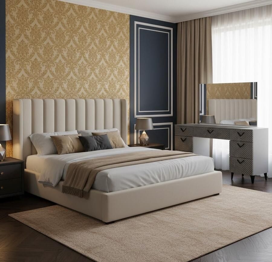 Industrialhome Luxe Kaptafel “Anett Deluxe” – Grijs Hoogglans – 150 cm – Met Spiegel – Make-up Tafel met 7 Lades – Moderne Houten Kaptafel – Slaapkamer Meubel – Cosmetica Tafel