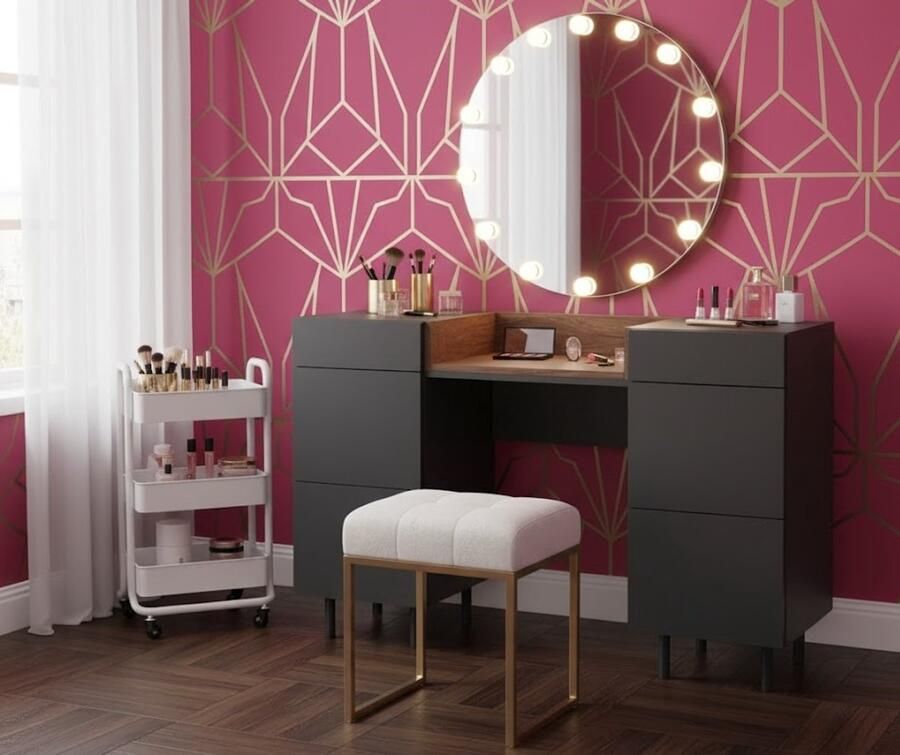 Industrialhome Luxe Kaptafel “Anika Deluxe” – Antraciet Walnoot – 120 cm Brede Make-up Tafel met 6 Lades – Moderne Toilettafel met Opbergruimte – Industriële Stijl – Zonder Spiegel – Houten Kaptafel met Stalen Poten – Slaapkamer Meubel