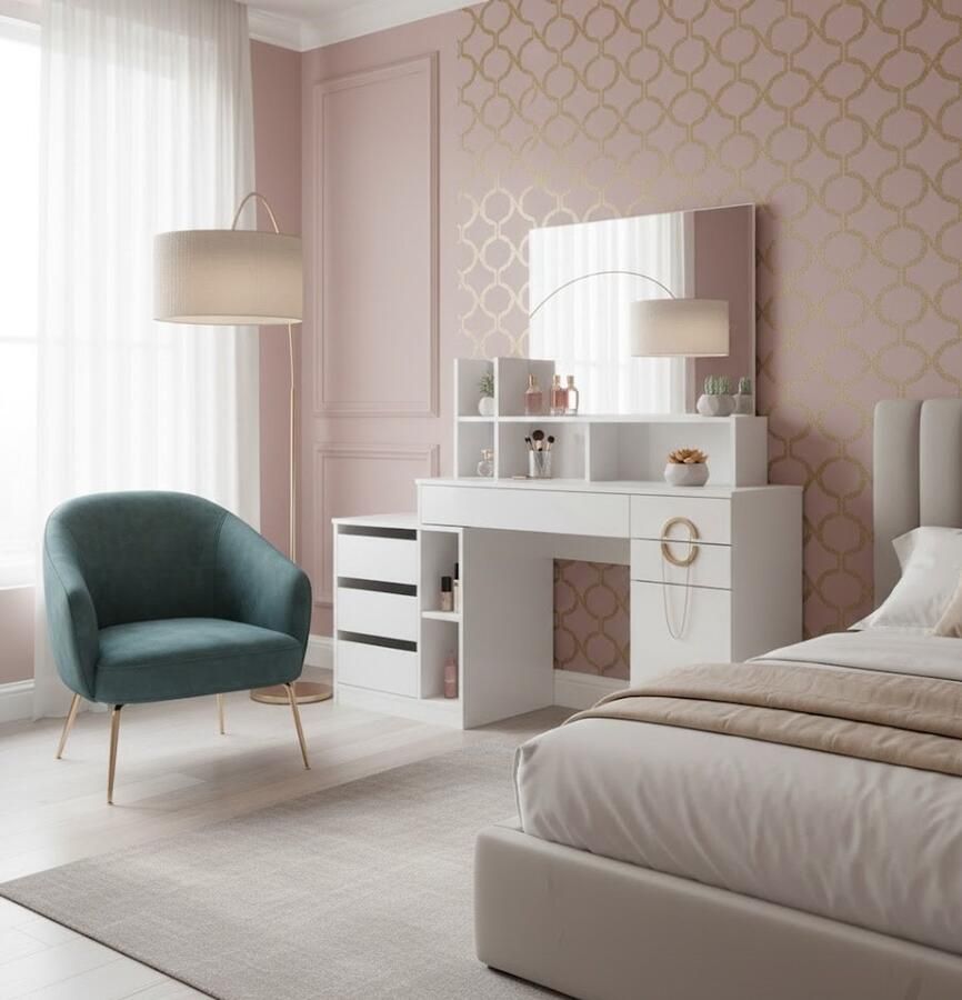 Industrialhome Luxe Kaptafel “Anja Elegance” – Moderne Witte Make-up Tafel met Grote Spiegel – 140 cm Brede Kaptafel met 4 Lades – Ruime Cosmetica Tafel voor Slaapkamer – Stijlvol Design met Opbergruimte – Hoogwaardige Spaanplaat met Melamine Coating