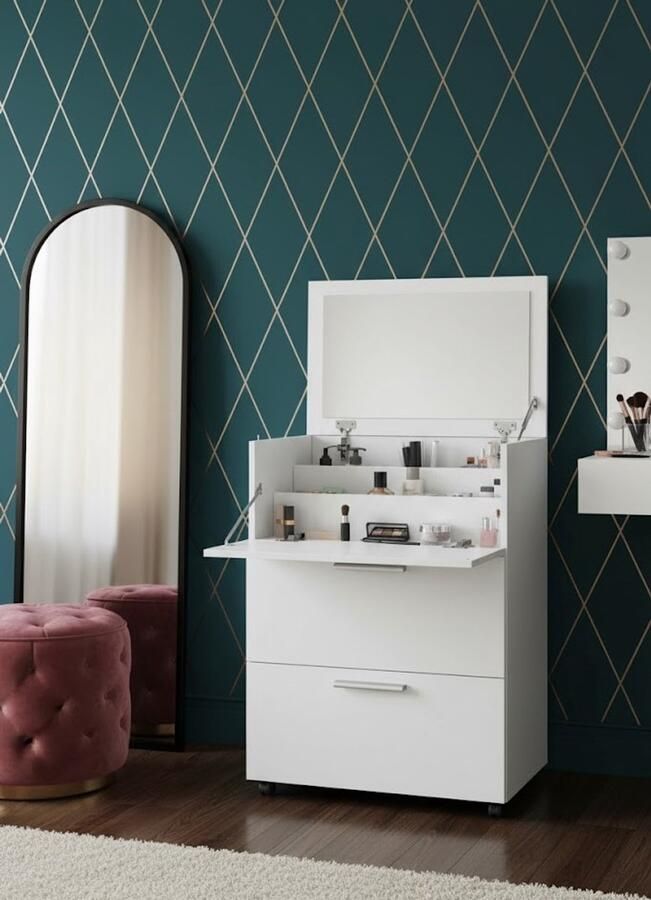 Industrialhome Luxe Kaptafel Hanna Deluxe – Wit – 65 8 cm – Met Spiegel en 2 Lades – Moderne Make-up Tafel – Compacte Toilettafel – Slaapkamermeubel – Elegant Design – Inclusief Opbergruimte – Houtlook Melamine Afwerking