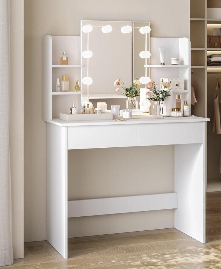 Industrialhome Luxe Kaptafel met Hollywood LED Verlichting – Make-uptafel 90x40 cm – Spiegel met 10 Lampen – 2 Lades + 4 Opbergvakken – Modern Wit – Model Wit