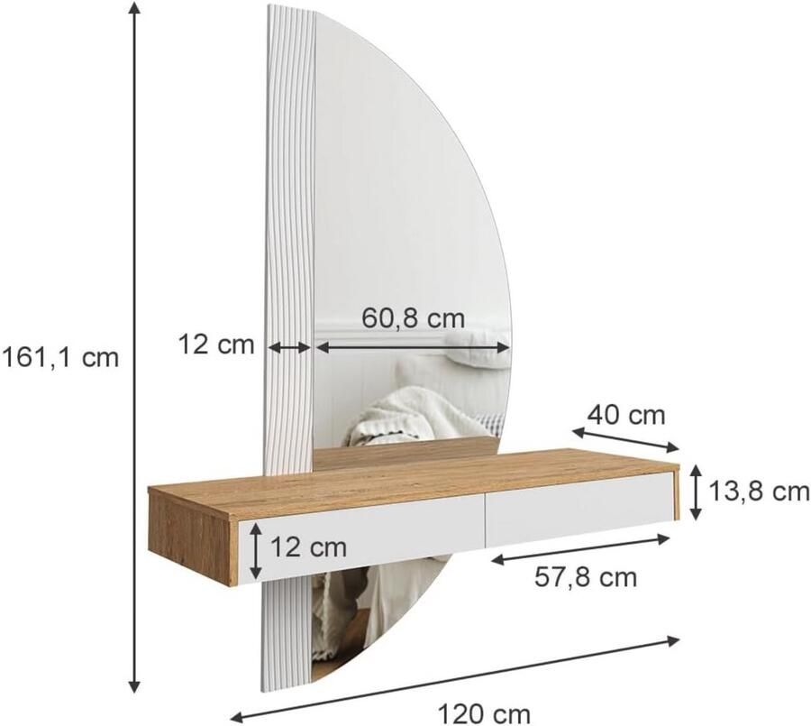 Industrialhome Luxe Kaptafel met LED-Spiegel – 120 cm Breed – 2 Lades – Make-uptafel in Eikengrijs – Moderne Houtlook – Met Verlichting – Commode Slaapkamer – 161 cm Hoog