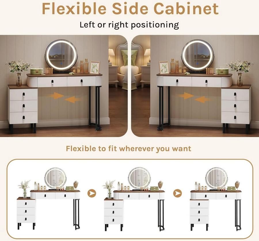 Industrialhome Luxe Kaptafel met LED Spiegel – Make-up Tafel met 5 Lades 3-Kleuren Dimbare Verlichting Zijkast en 360° Draaibare Spiegel – Modern Houtlook Notenbruin – 100x40x125cm