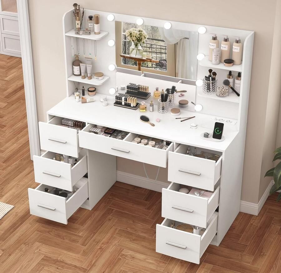 Industrialhome Luxe Kaptafel met Spiegel Dimbare LED-Verlichting 7 Lades Stopcontacten & Opbergvakken – Wit – 107 x 40 x 140 cm