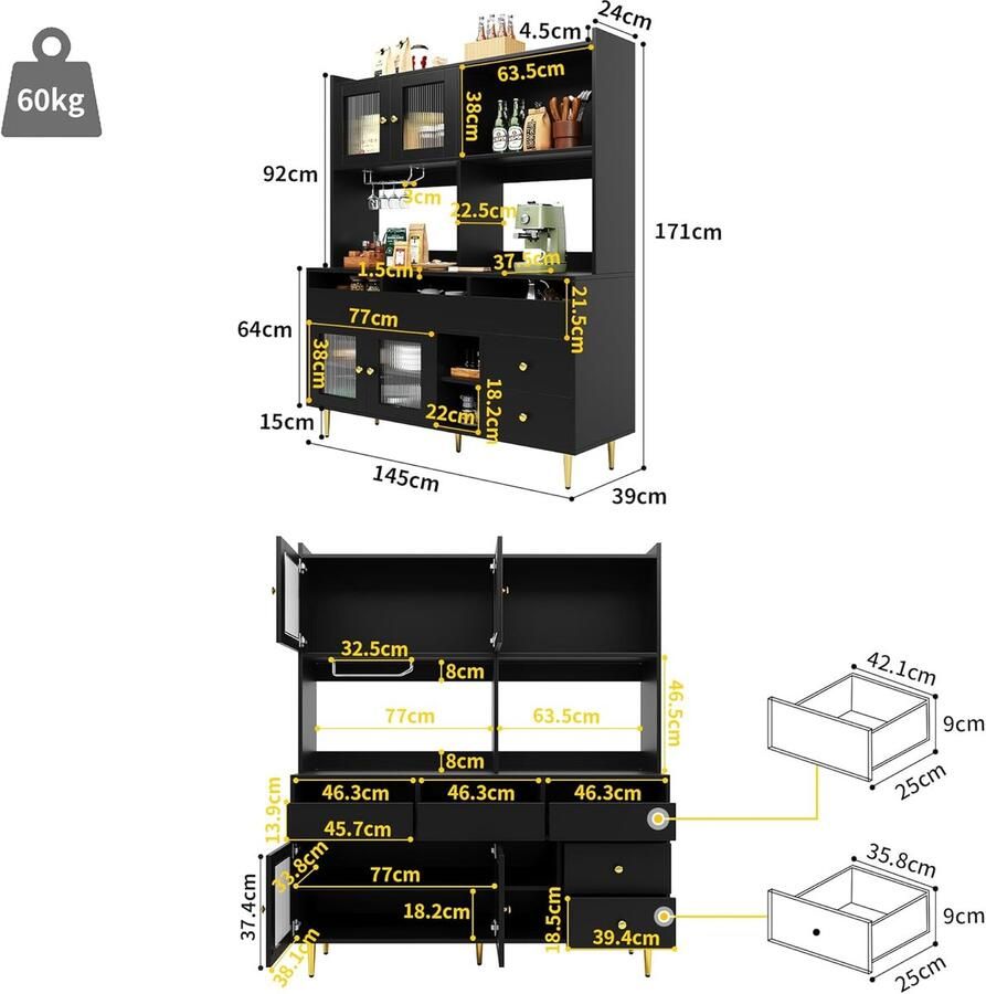 Industrialhome Luxe Keukenkast en Buffetkast – 145 x 39 x 171 cm – Hoogwaardige MDF Buffetkast met Werkblad Verstelbare Planken Vitrine met Wijnglazenrek Multifunctionele Opbergkast voor Keuken Woonkamer & Eetkamer – Zwart