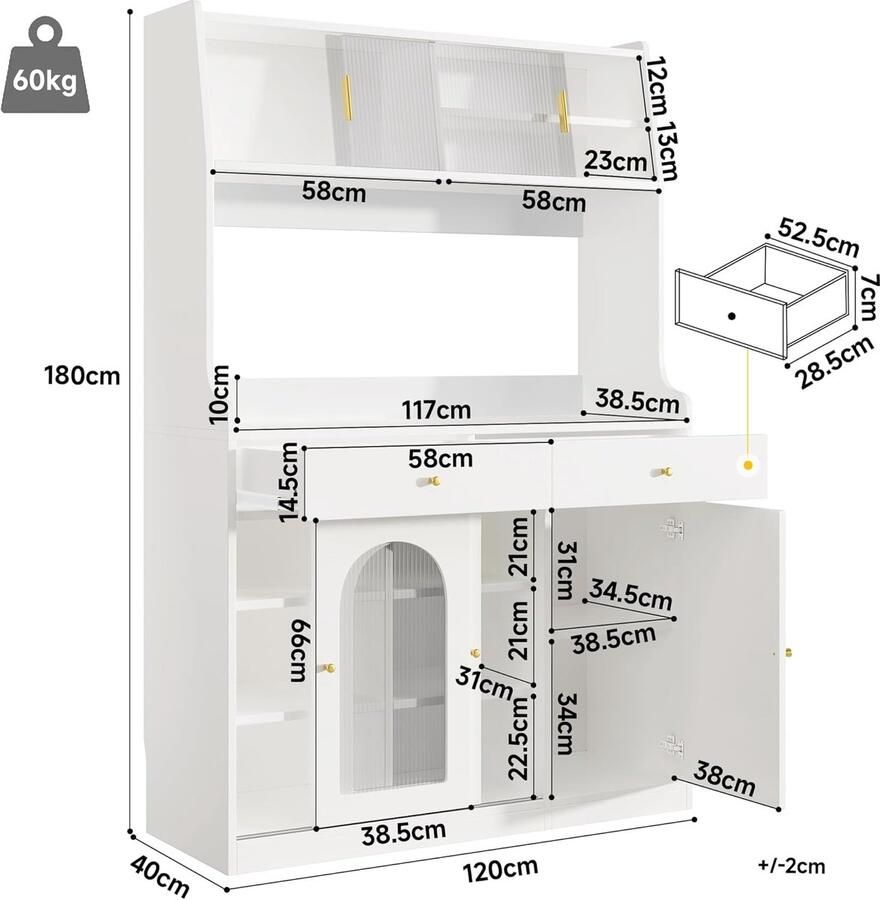 Industrialhome Luxe Keukenkast met LED Verlichting – Hoge Buffetkast & Vitrinekast met 2 Laden Verstelbare Planken Appbediening Moderne Opbergkast voor Keuken Eetkamer & Woonkamer – Wit 120x40x180 cm