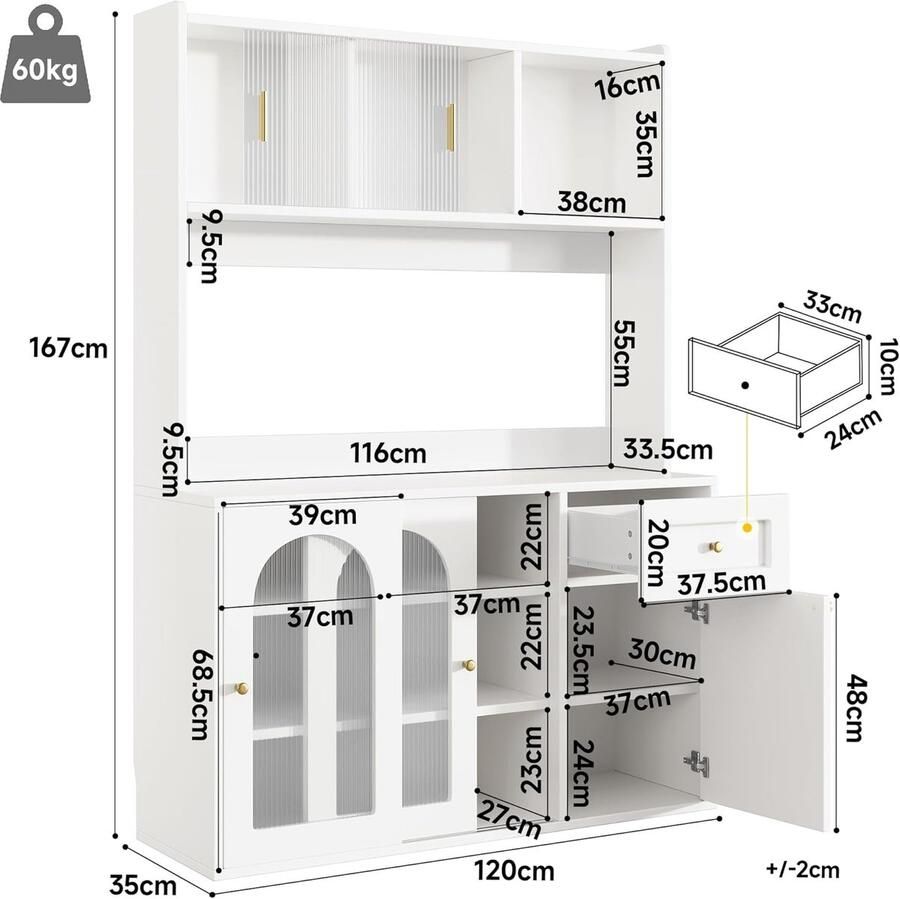Industrialhome Luxe Keukenkast met LED Verlichting – Hoge Buffetkast met Glazen Deuren Vitrinekast met Verstelbare Planken en Lade – Moderne Eetkamerkast & Dressoir – 120x35x167 cm – Wit