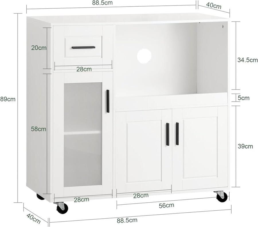 Industrialhome Luxe Keukentrolley op Wieltjes – Multifunctionele Magnetronkast Dressoir en Opbergkast – MDF Hout – Met Lade Verstelbare Plank & Glazen Deur – Keukenmeubel Wit 89x88 5x40 cm
