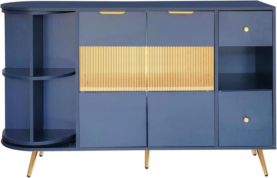 Industrialhome Luxe LED Dressoir Blauw – 130 cm Breed Modern Sideboard met Schuifdeuren van Glas Grote Opbergkast voor Woonkamer Eetkamer of Keuken – Buffetkast met Verlichting Houten Opbergmeubel met Glazen Fronten
