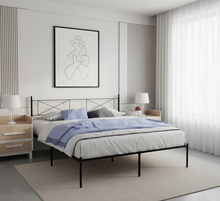 Industrialhome Luxe Metalen Bedframe 140x200 met Lattenbodem en Hoofdbord – Zwart – Extra Stevig – 35 cm Hoog – Slimme Opbergruimte Onder Bed – Snel en Eenvoudig te Monteren – Geschikt voor Alle Matrassen 140x200 cm – Industrieel Design Bed
