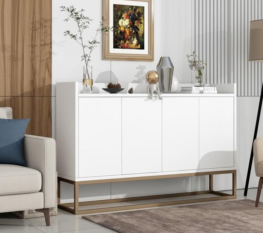 Industrialhome Luxe Modern Dressoir – Witte Opbergkast met 4 Deuren & Gouden Frame – 120x30x80 cm – Minimalistisch Sideboard met Verstelbare Plank – Perfect voor Woonkamer Eetkamer & Keuken – Stijlvol Design Stevig & Elegant