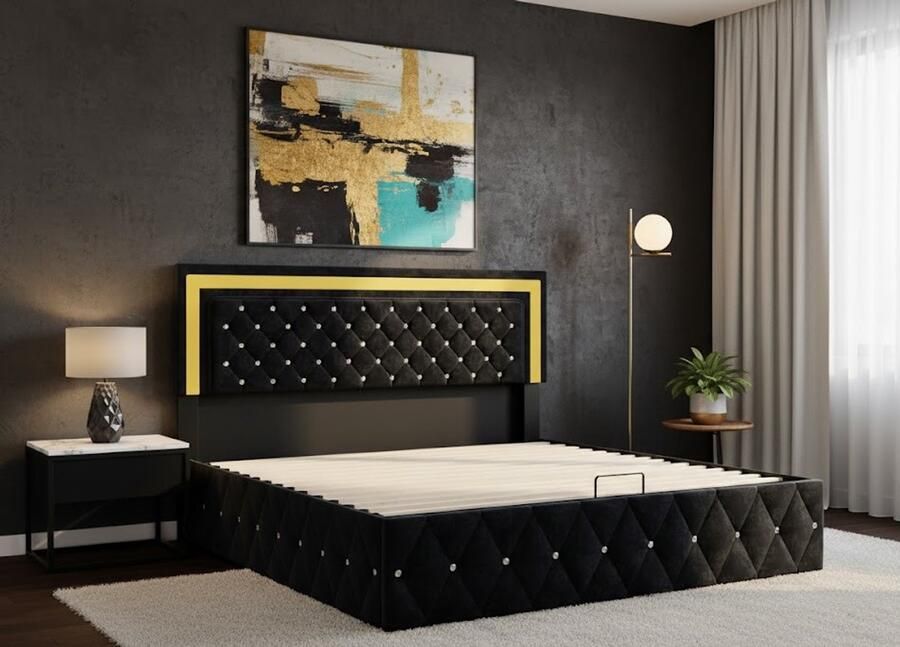 Industrialhome Luxe Opbergbed 140x200 cm – Tweepersoonsbed met LED Verlichting Verstelbaar Hoofdbord Hydraulisch Lift Systeem Gestoffeerd Fluwelen Bed met Lattenbodem – Zwart – Modern Design Bedframe met Opbergruimte