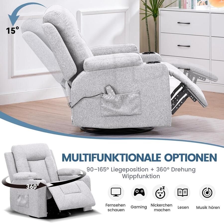 Industrialhome Luxe Relaxfauteuil Lichtgrijs – Ergonomische TV-Stoel met Traploos Verstelbare Rugleuning en Voetensteun – 360° Draaibare Relaxstoel met Schommelfunctie