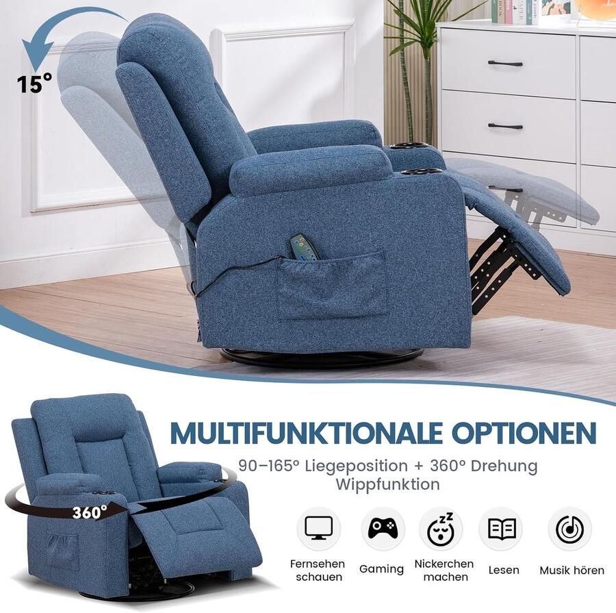 Industrialhome Luxe Relaxstoel met Ligfunctie en Voetensteun – 360° Draaibare TV-Stoel – Comfortabele Schommelstoel met Bekerhouders en Zijvak – Ergonomisch Design – Verstelbare Rugleuning tot 160° – Linnen Stof – Blauw