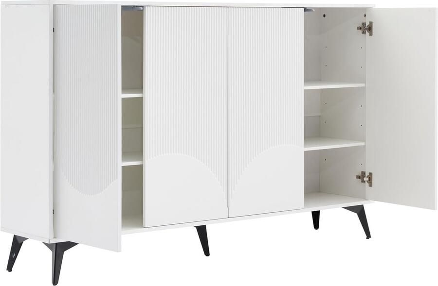 Industrialhome Luxe Ribbel Design Dressoir 160 cm – Moderne Witte Opbergkast met 4 Deuren Verstelbare Planken & Metalen Poten – Houten Multifunctionele Kast voor Woonkamer Eetkamer & Hal – Elegant Scandinavisch TV-meubel Buffetkast