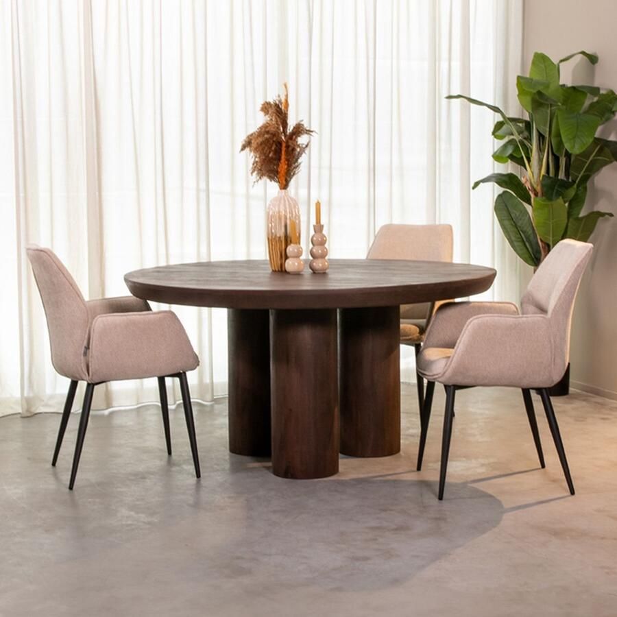 Industrialhome Luxe Ronde Eettafel Torino – Ø150 cm – Espresso Sandblasted Mangohout – Massief Houten Design Tafel – Grote Ronde Eettafel voor 6-8 Personen