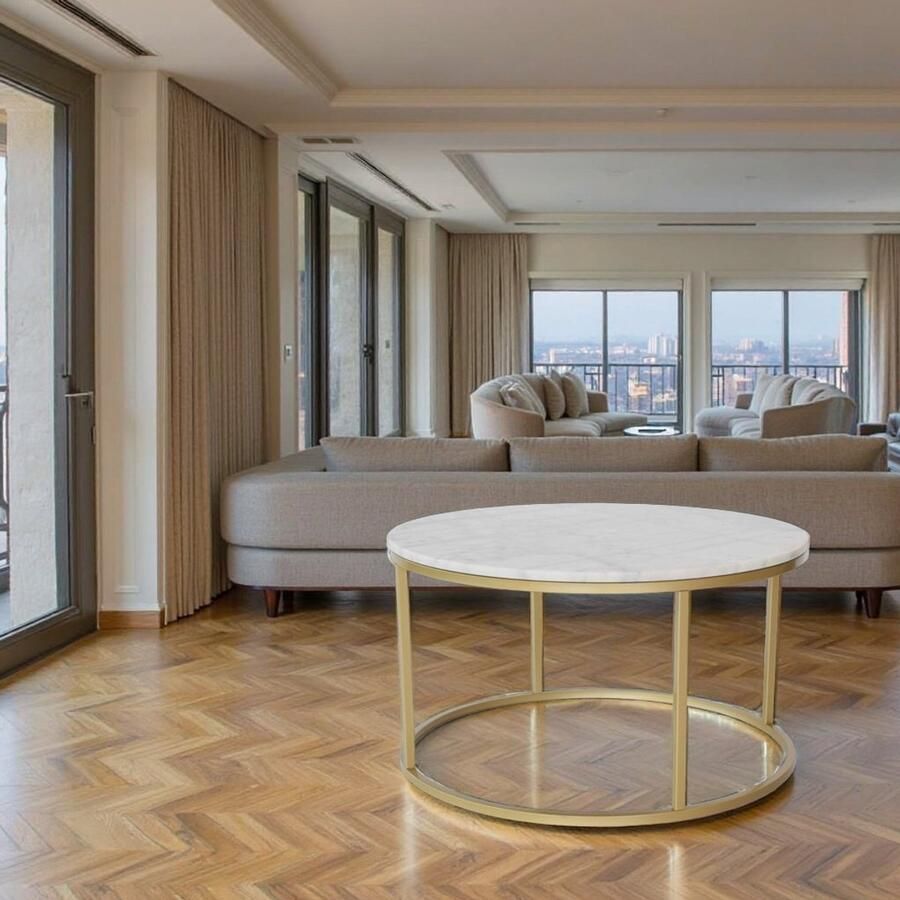 Industrialhome Luxe Ronde Salontafel – Ø85 cm – Marmer Wit & Goud – Design Bijzettafel – Metaal Frame – Moderne Woonkamer Tafel