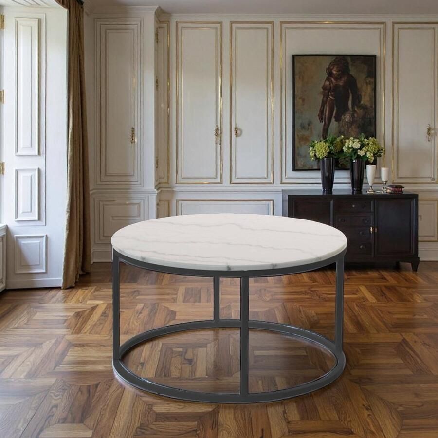 Industrialhome Luxe Ronde Salontafel Marmer – 95 cm – Wit Zwart – Stijlvol & Duurzaam – Metalen Frame – Moderne Bijzettafel Woonkamer