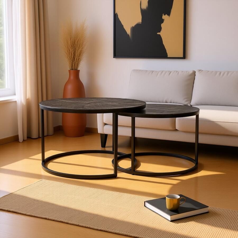 Industrialhome Luxe Salontafel Set Rond – 2-Delig – 75 cm en 62 cm – Antiek Ash Metaal – Industrieel Design – Handgemaakte Bijzettafels Hoektafels